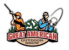 Colorful logo of the Great American Outdoor Show featuring a hunter with a shotgun and an angler holding a fishing rod against a backdrop of mountains and trees.