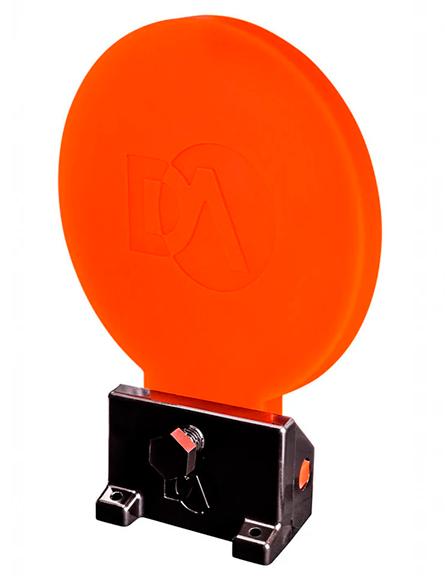 bright orange reactive shooting target mounted to black base with white background