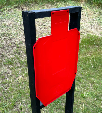 angle image of silhouette target mounted to target stand at shooting range