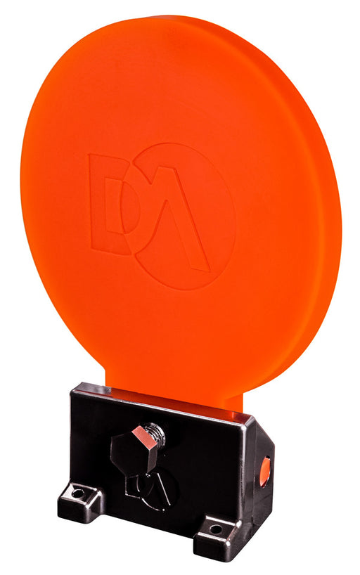 orange round reactive shooting target mounted to black base