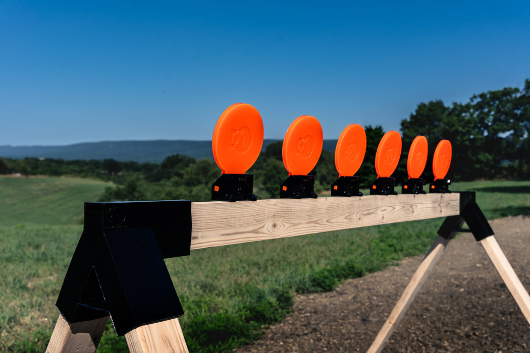 self healing target stand with knockdown target mounted to the stand